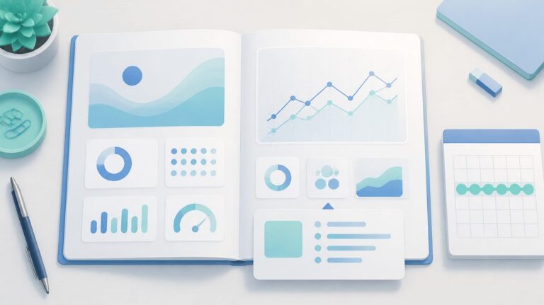 Informe mensual abierto con tarjetas de indicadores, gráficos y un calendario