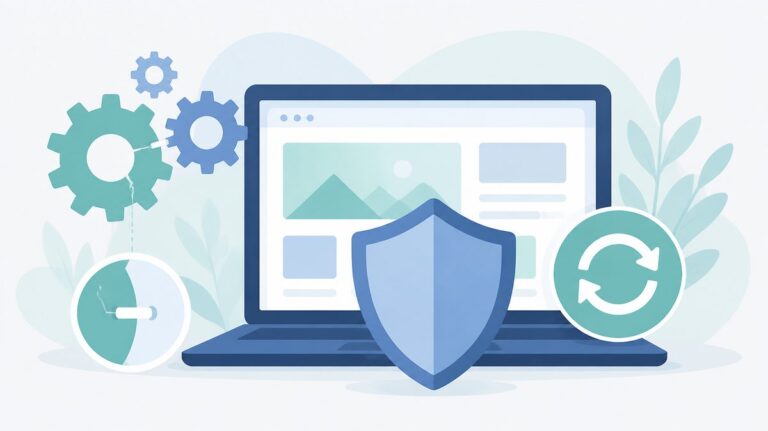Web en un portátil protegida por un escudo, con engranajes y un icono de actualización