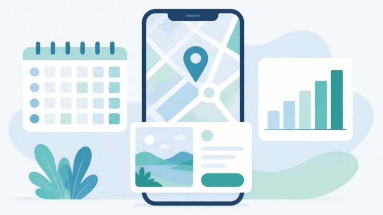 Móvil con un mapa y una publicación de ficha de empresa, junto a un calendario y un gráfico